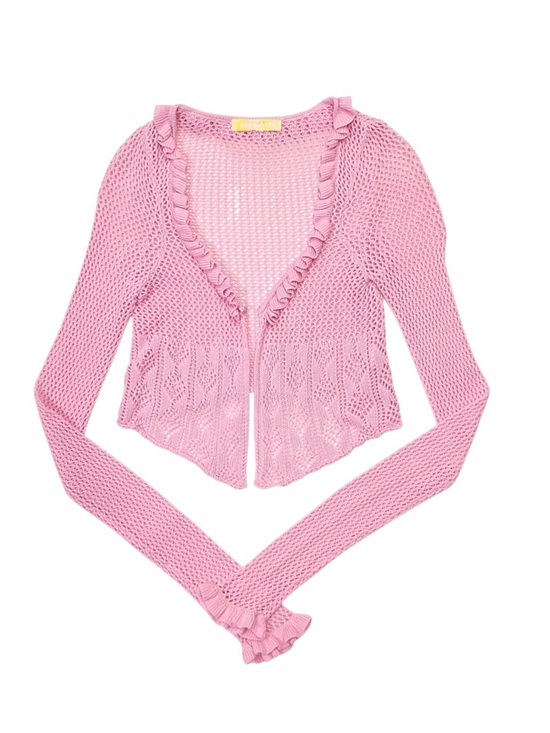 Urban Outfitters Sweaters - UO Women’s Pink Crochet Ruffle Coquette Cropped Bolero Cardigan Size:XS/S